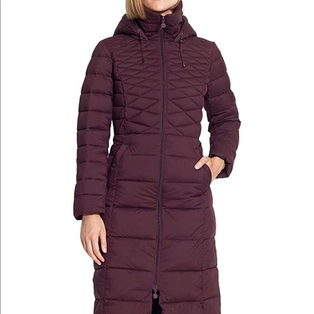 BERNARDO WOMENS HOODED MAXI PUFFER COAT MEDIUM BURGUNDY NWOT